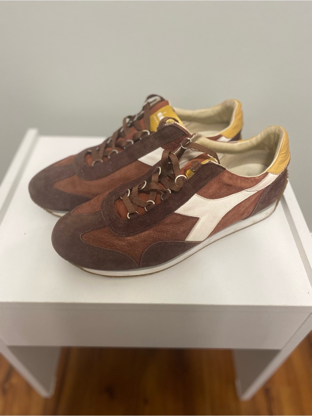 Diadora Brown Suede Sneakers with White Logo and Yellow Heel